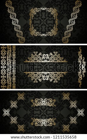 Set of three vector floral cards with a vintage floral decor on dark seamless floral background         