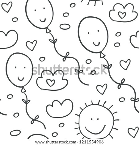 Seamless pattern with clouds, balloons and hearts. Kids pencil line sketchy doodles. Perfect for t-shirt print design and textile