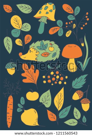 Autumn set hedgehog mushrooms leaves berries acorns vector illustration hand drawing