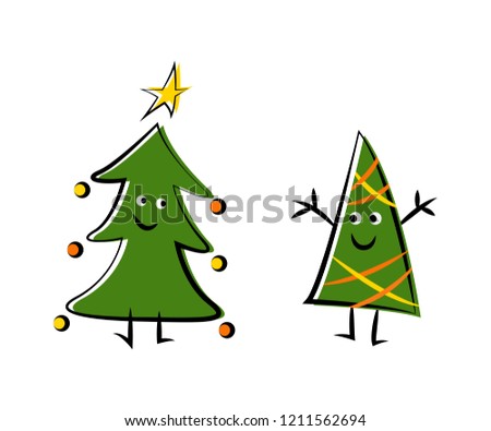 Christmas trees. Cute character vector illustrations. Can be used for greeting card, invitation, banner, web design.
