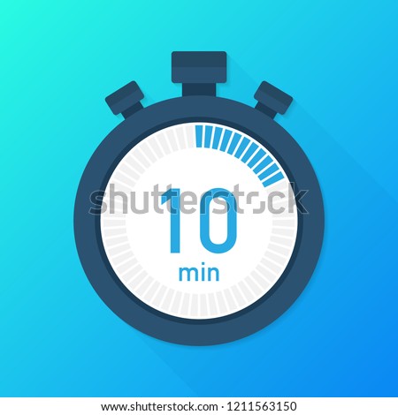 The 10 minutes, stopwatch vector icon. Stopwatch icon in flat style, 10 minutes timer on on color background.  Vector stock illustration. Royalty-Free Stock Photo #1211563150