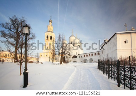 Orthodox monastery in the north, winter snow religion Prilutsky monastery in Vologda, Russia
