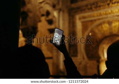 Young female tourist taking a picture with her phone to the mosque