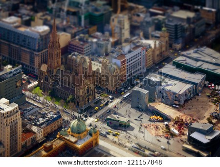Model Melbourne. Tilt shift photography of the real Melbourne in Victoria, Australia. City streets and buildings made to look like miniatures.