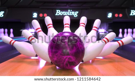 Picture of bowling ball hitting pins scoring a strike. Bowling background. Bowling 3D Rendering