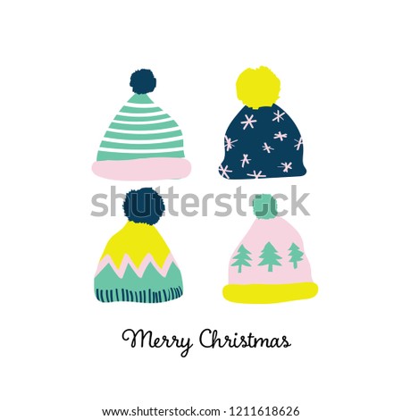 christmas card vector illustration. winter pom pom hats. 