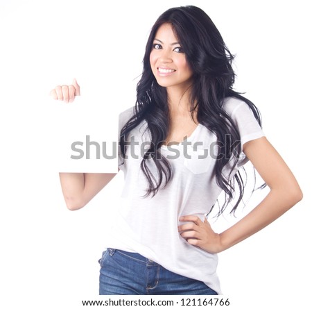 Young asian woman showing empty blank paper card sign with copy space for text on white isolated