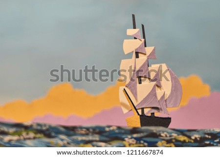 Cardboard ship against the sky. Theme nautical fairy tales. Illustration.