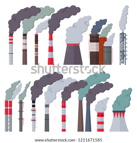 Industry factory vector industrial chimney pollution with smoke in environment illustration set of chimneyed pipe factory with toxic air isolated on white background Royalty-Free Stock Photo #1211671585