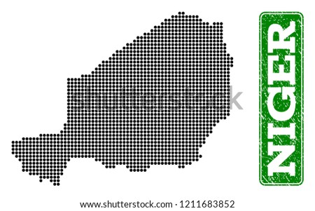 Dotted map of Niger and rubber caption. Vector green title inside rounded rectangle and scratched rubber texture. Pixelated map of Niger constructed with black pattern of round dots.