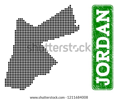 Dotted map of Jordan and rubber caption. Vector green title inside rounded rectangle and unclean rubber texture. Pixelated map of Jordan constructed with black pattern of round dots.
