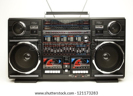 a fantastic looking oversized black retro ghetto blaster radio Royalty-Free Stock Photo #121173283