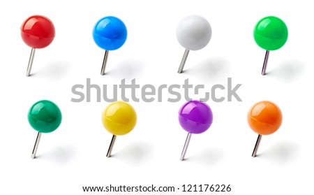 collection of various pushpins on white background. each one is shot separately Royalty-Free Stock Photo #121176226