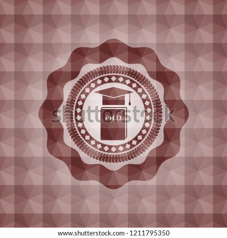 Phd thesis icon inside red emblem with geometric pattern background. Seamless.