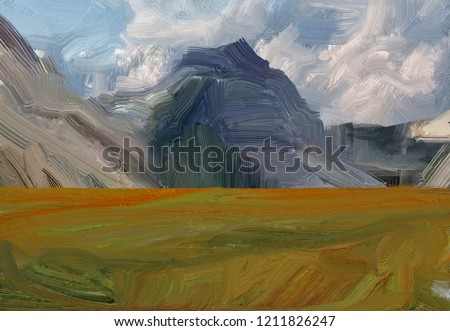 Colorful green countryside field and grass. Summer time. 2d illustration. Oil painting landscape art. Rural mountain region.