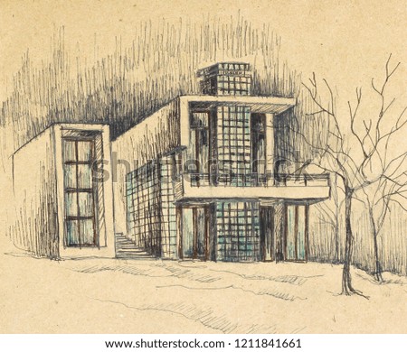 Modern house, hand-painted. Painted with a black pen