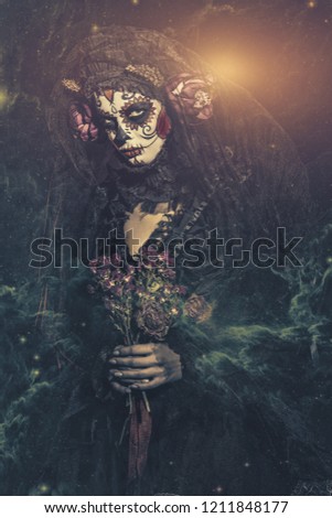 Calavera Catrina in darkness. Sugar skull makeup. Dia de los muertos. Day of The Dead. Halloween.