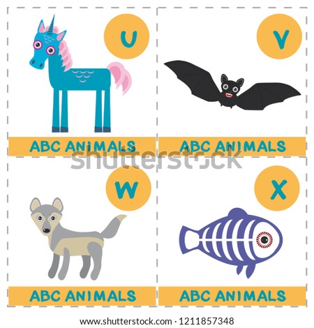 ABC alphabet for kids. Set of funny X-ray fish wolf bat unicorn cartoon animals character. Cards for the game. Zoo isolated on white background. Learn to read. illustration