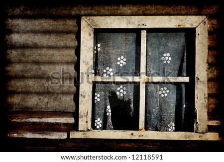 old dirty and grungy wall and window with ripped curtains