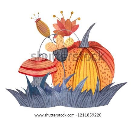 Watercolor bouquet with flowers, leaves, grass, mushroom and pumpkin. Hand drawn illustration.