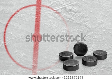 Fragment of the hockey arena with markings and washers. Concept, hockey