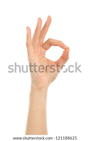Woman hand in ok sign on a white isolated background