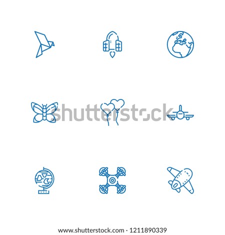 Collection of 9 fly outline icons include icons such as bird, airplane, spaceship, globe, ballons, earth, drone