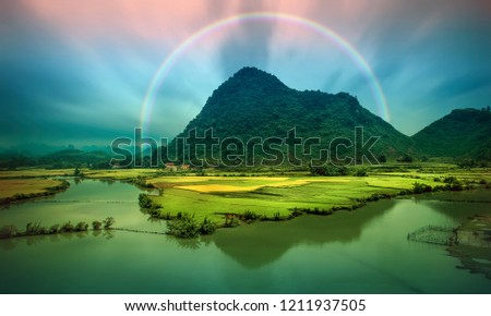Beautiful step of rice terrace paddle field in sunset and dawn at Trung Khanh, Cao Bang, Vietnam. Cao Bang is beautiful in nature place in Vietnam, Southeast Asia. Travel concept.