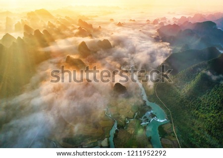 Aerial view of dawn on mountain at Ngoc Con ward, Trung Khanh town, Cao Bang province, Vietnam