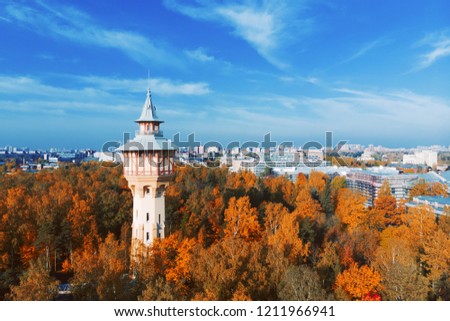Drone photo view of the tower in the Park of the Polytechnic University in St. Petersburg
