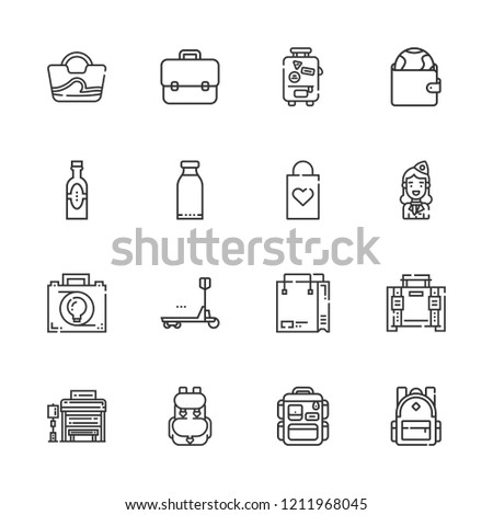 Collection of 16 luggage outline icons include icons such as briefcase, backpack, purse, shopping bag, suitcase, bag, duty, products, bus stop