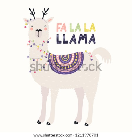Hand drawn vector illustration of a cute funny llama in deer antlers, with lights, text Fa la la llama. Isolated objects on white. Scandinavian style flat design. Concept for Christmas card, invite.