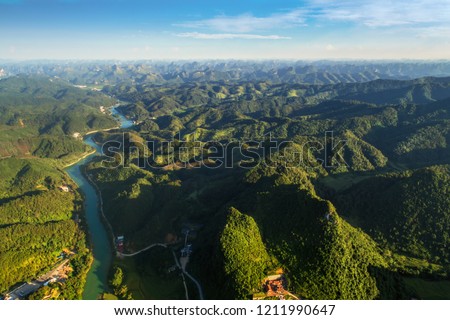 Aerial view of mountains and Quay Son river at Trung Khanh town, Cao Bang province, Vietnam. View from Ban Gioc waterfall Royalty-Free Stock Photo #1211990647
