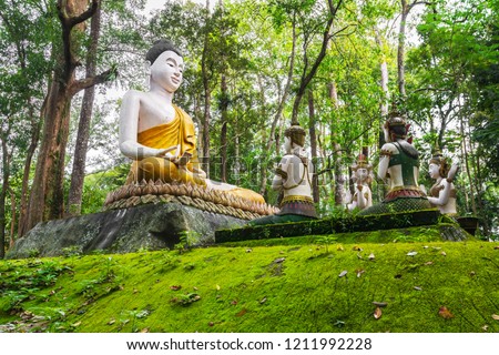 The Buddha statue with green moss on the ground and the tree forest in the background, edify to the people at Wat Chak Yai (Wat Buddha Park), Chanthaburi, Thailand