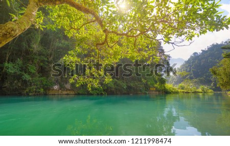 Beautiful landscape, Quay Son river with  mountain Trung Khanh town in Cao Bang province, Vietnam. Pac Bo area Royalty-Free Stock Photo #1211998474