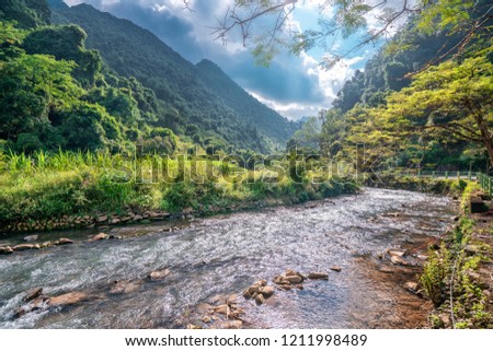 Beautiful landscape, Quay Son river with  mountain Trung Khanh town in Cao Bang province, Vietnam. Pac Bo area Royalty-Free Stock Photo #1211998489