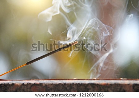 Incense stick and smoke from incense burning. Beautiful smoke. Blurred background and design with copy space.