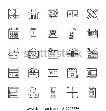 Collection of 25 application outline icons include icons such as calendar, update, downloading from smartphone, numbers, menu, marker, browser, map, email, table, satellite