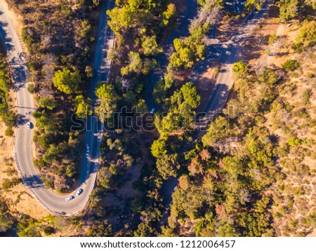 Aerial view of the Hollywood hills road that leads to the Griffin observatory in Los Angeles, USA.
