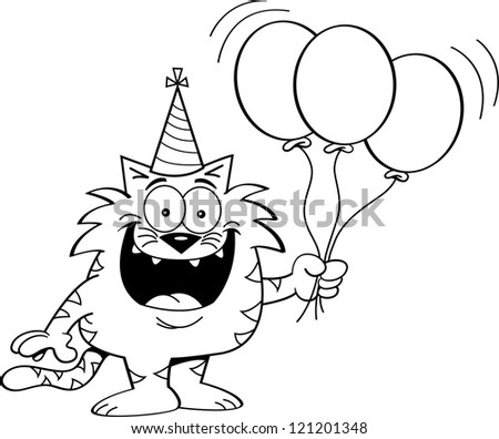 Black and white illustration of a cat holding balloons.