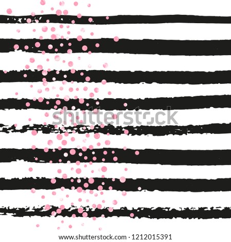 Pink glitter dots confetti on black stripes. Shiny falling sequins with shimmer and sparkles. Template with pink glitter dots for party invitation, banner, greeting card, bridal shower.