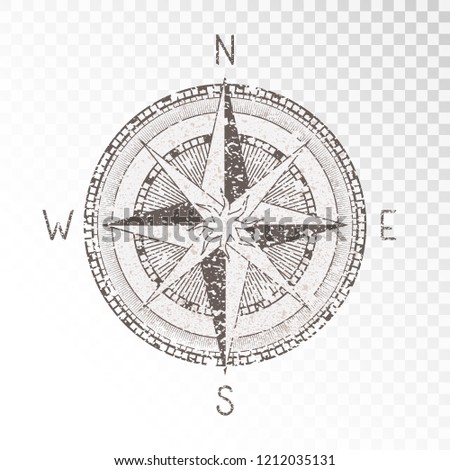 Vector illustration with a vintage textured compass or wind rose and grunge texture elements on transparent background. With basic directions North, East, South and West.
