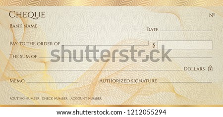 Check, Cheque (Chequebook template). Guilloche pattern with abstract line  watermark, border. Gold background for banknote, money design,currency, bank note, Voucher, Gift certificate, Money coupon Royalty-Free Stock Photo #1212055294
