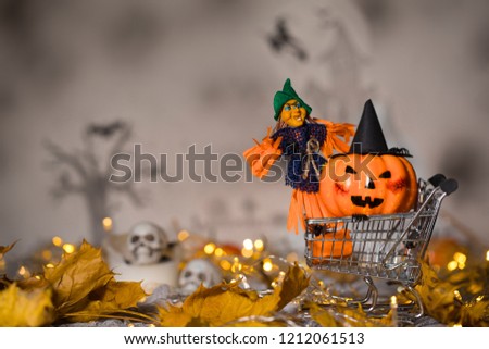 Witch and orange pumpkin in black hat in the small shopping cart. Spooky background. Closeup