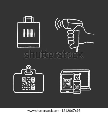 Barcodes chalk icons set. QR code identification card, handheld barcode scanner, shopping bag, hang tag scanning. Isolated vector chalkboard illustration