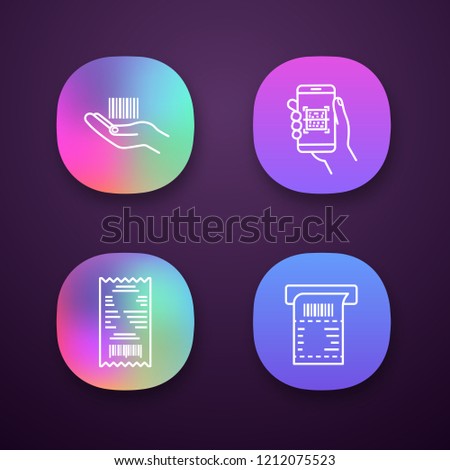 Barcodes app icons set. UI/UX user interface. Linear barcode in hand, QR codes scanning app, cash receipt, ATM paper check. Web or mobile applications. Vector isolated illustrations
