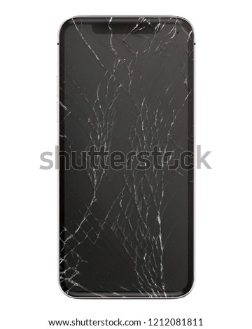 Modern touch screen smartphone with broken screen isolated on white background with clipping path and shadow.