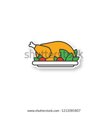 Grilled whole chicken patch. Thanksgiving Day turkey. Color sticker. Vector isolated illustration