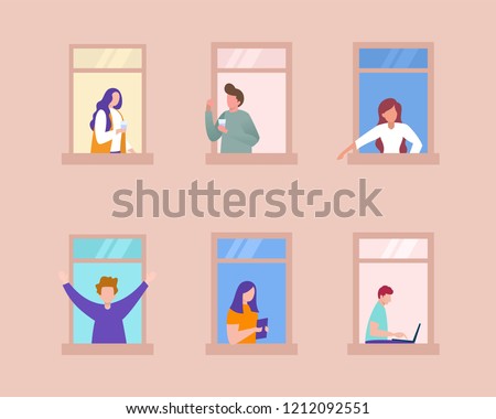 People activity in apartment vector illustration concept, stay at home and social distance, people interact each other, can use for, landing page, template, ui, web, mobile app, poster, banner, flyer Royalty-Free Stock Photo #1212092551