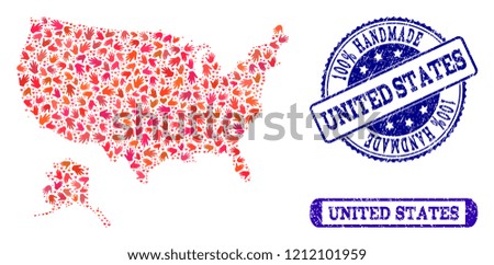 Handmade craft combination of mosaic map of USA and Alaska and grunge seals. Mosaic map of USA and Alaska designed with red hands. Vector blue seals with retro rubber texture.
